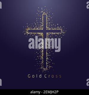 Logo incrociato brillante in oro. Emblema dell'evento religioso. Biglietto d'auguri con glitter e scintille su sfondo notturno scuro. Tradizione isolata gloriosa Illustrazione Vettoriale