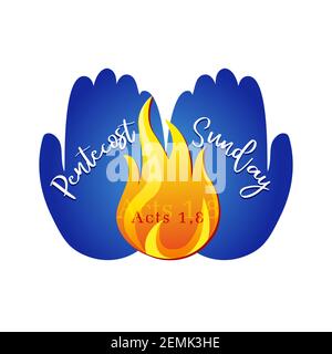 La domenica di Pentecoste congrata. Concetto di logo Fire in Hands. Segno creativo e testo calligrafico. Biglietto d'auguri per le festività. Disegno grafico isolato astratto te Illustrazione Vettoriale