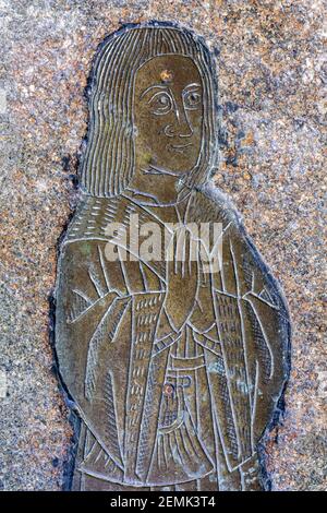 Dettaglio di un ottone commemorativo di un mercer Robert Serche (1501) nella chiesa di San Pietro e San Paolo nella città di Northleach, nel Gloucestershire UK Foto Stock