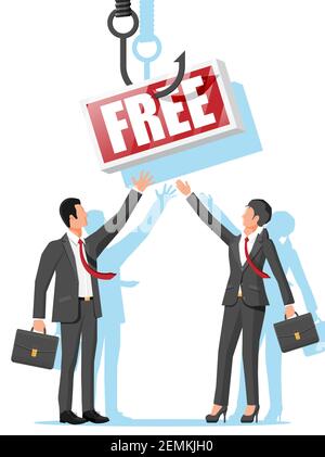 Gancio da pesca con segno con testo libero e uomini d'affari. Trappola con etichetta sul gancio. Frode, freebie, criminalità e menzogna. Illustrazione vettoriale in stile piatto Illustrazione Vettoriale