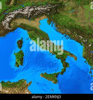 Mappa fisica dell'Italia e della regione italiana. Vista in piano del pianeta Terra e delle sue forme - elementi arredati dalla NASA Foto Stock