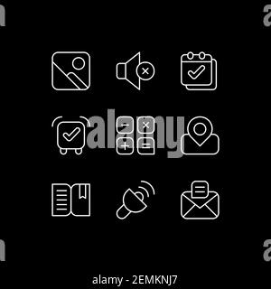 Icone lineari bianche dell'interfaccia smartphone impostate per il tema scuro Illustrazione Vettoriale