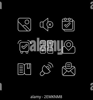 Icone lineari bianche dell'interfaccia smartphone impostate per il tema scuro Illustrazione Vettoriale