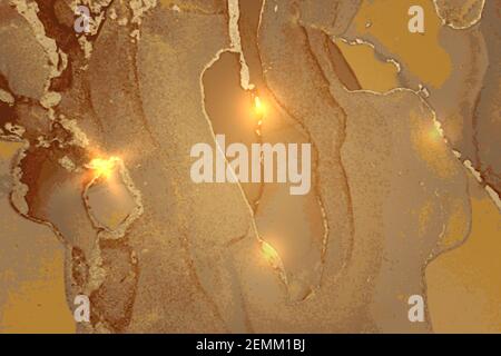 Sfondo in marmo astratto marrone e oro con scintille. Struttura vettoriale nella tecnica dell'inchiostro alcolico con glitter. Modello per banner, poster. Influenza Illustrazione Vettoriale