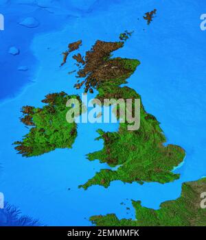 Mappa fisica di Inghilterra, Gran Bretagna e Irlanda. Vista in piano del pianeta Terra e delle sue forme - elementi arredati dalla NASA Foto Stock