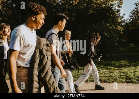 Felici amici maschi e femmine che camminano sulla strada nel parco Foto Stock