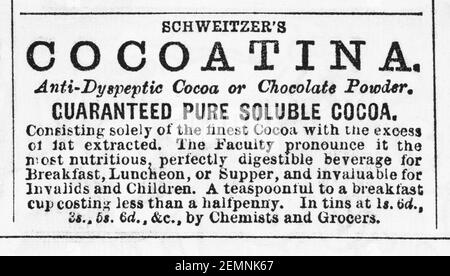 Pubblicità di cioccolato della vecchia rivista vittoriana da giornale dal 1880 - prima dell'alba degli standard pubblicitari. Storia del cioccolato. Foto Stock