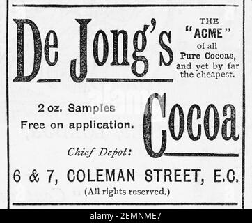 Vecchia rivista vittoriana giornale di carta pubblicità De Jong dal 1887 - prima dell'alba degli standard pubblicitari. Storia del cioccolato. Foto Stock