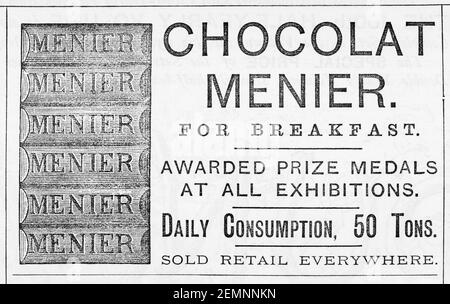 Pubblicità di cioccolato della vecchia rivista vittoriana da giornale dal 1891 - prima dell'alba degli standard pubblicitari. Storia del cioccolato. Foto Stock