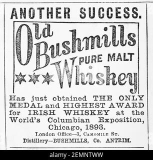 Vecchia rivista vittoriana giornale Old Bushmills whiskey spot dal 1894 - prima dell'alba degli standard pubblicitari. Storia del whisky. Foto Stock