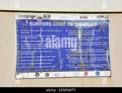 Codice di condotta dei Surfers, segnaletica, Devon del Nord, Foto Stock
