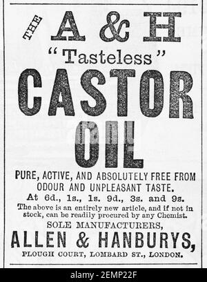 Vecchia rivista vittoriana carta da giornale Castor olio pubblicità da 1883 - prima degli standard pubblicitari. Storia della pubblicità e della pubblicità medica. Foto Stock