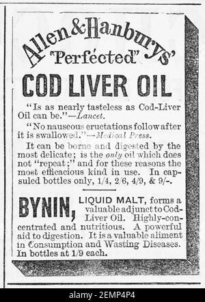 Vecchia rivista vittoriana giornale carta Allen & Hanbury cod olio di fegato spot dal 1887 - prima dell'alba degli standard pubblicitari. Storia della pubblicità. Foto Stock