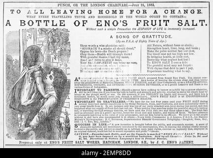 Vecchia rivista vittoriana giornale di frutta Eno Salt medicina pubblicità dal 1883 - prima dell'alba degli standard pubblicitari. Storia della medicina. Foto Stock