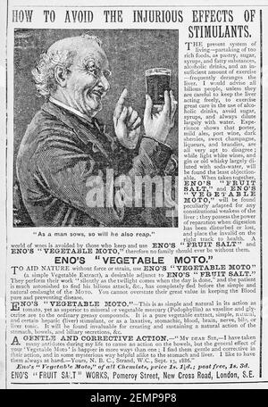Vecchia rivista vittoriana giornale di carta pubblicità di Eno dal 1887 - prima dell'alba degli standard pubblicitari. Storia della medicina. Foto Stock