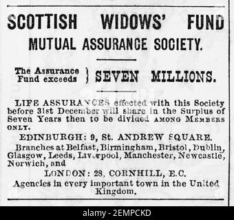 Vecchia rivista vittoriana carta da giornale Scottish Widows pubblicità dal 1880 - prima dell'alba degli standard pubblicitari. Storia della pubblicità finanziaria. Foto Stock