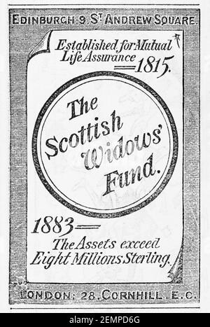 Vecchia rivista vittoriana carta da giornale Scottish Widows pubblicità dal 1883 - prima dell'alba degli standard pubblicitari. Storia della pubblicità finanziaria. Foto Stock