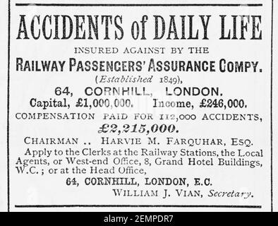 Vecchia rivista vittoriana giornale di carta da giornale Ferrovie passeggeri assicurazione pubblicità da 1887 - pre-pubblicità standard, e quando ci sono stati un sacco di incidenti ferroviari. Foto Stock