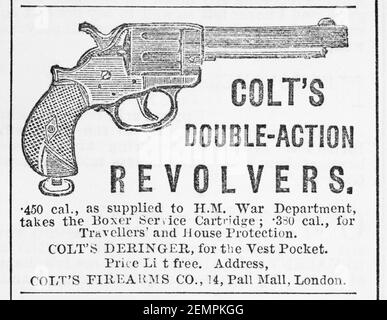 Old UK Colt Handgun pubblicità dal 1880 - prima dell'alba degli standard pubblicitari e quando armi da fuoco prontamente disponibili. Storia della pubblicità, vecchi annunci pubblicitari. Foto Stock