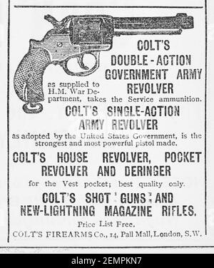 Old UK Colt pistola spot (1887). Prima di fare pubblicità agli standard & quando le armi da fuoco prontamente disponibili. Storia della pubblicità, vecchi annunci, storia delle armi Foto Stock