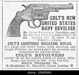 Old UK Colt Handgun pubblicità dal 1891 - prima dell'alba degli standard pubblicitari e quando armi da fuoco prontamente disponibili. Storia della pubblicità, vecchi annunci pubblicitari. Foto Stock