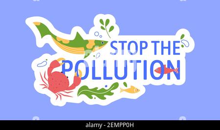 Stop inquinamento mare e oceano, badge banner Illustrazione Vettoriale