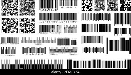 Codice a barre. Codici a barre del prodotto e codici QR per la scansione laser digitale sulla confezione. Modello vettore isolato Illustrazione Vettoriale