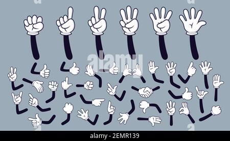 Cartoni animati mani. Braccia comiche con quattro e cinque dita in guanto bianco con vari gesti, cartoni animati corpo parti. Insieme di vettori isolati Illustrazione Vettoriale