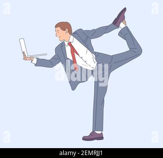 Affari, carriera, lavoro, concetto. Divertente uomo d'affari ama lavorare con un cliente. Illustrazioni vettoriali disegnate a mano. Illustrazione Vettoriale