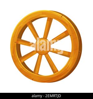 Ruota in legno in stile cartoon, testurizzato e dettagliato isolato su sfondo bianco. Wild West ui asset, rustico, oggetto rurale, antico, elemento vintage. Illustrazione Vettoriale