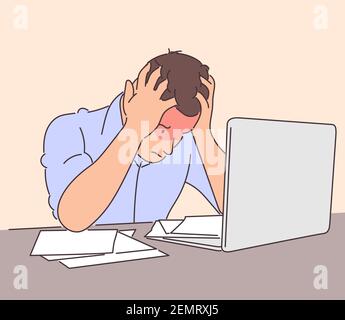 Affari, frustrazione, stress mentale, depressione, concetto di lavoro. Giovane depresso stressante frustrato commesso uomo d'affari manager che lavora in ufficio usi Illustrazione Vettoriale