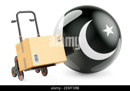 Pacco sul camion a mano con bandiera pakistana. Spedizione in Pakistan, concetto. Rendering 3D isolato su sfondo bianco Foto Stock