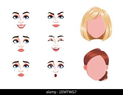 Diverse emozioni femminili. Volti bianchi ed espressioni di donna con capelli castani e biondi. Scegli le emozioni di cui hai bisogno. Illustrazione vettoriale stock Illustrazione Vettoriale