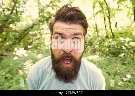 Scopri la vita. Uomo maturo si sente sorpreso. Vacanza in campeggio estiva. Escursione all'hipster dell'uomo. Cura della barba maschile. Hipster brutale nella foresta. Scopri nuovi luoghi. Ragazzo caucasico con baffi. Foto Stock