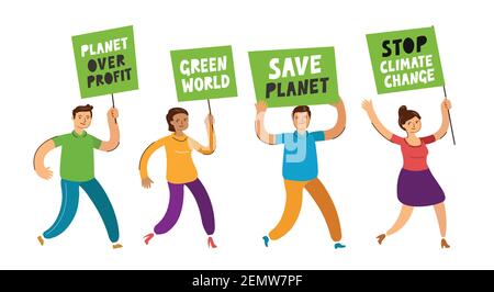 Persone che hanno banner e poster per la protezione ambientale. Illustrazione vettoriale del concetto di ecologia Illustrazione Vettoriale