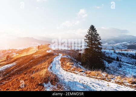 Splendida vista sulla catena montuosa e sui prati della campagna in primavera. Cielo limpido e strada innevata che risplende con una luminosa luce del tramonto. Lazeschina villaggio, Ucraina, Carpazi Foto Stock