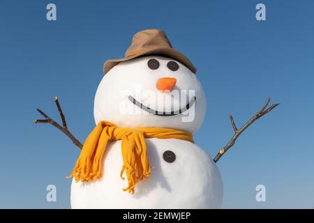 Simpatico pupazzo di neve in elegante cappello marrone e cuoio capelluto giallo su campo innevato. Cielo blu su sfondo Foto Stock