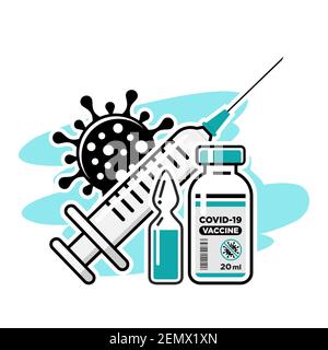 COVID-19 concetto di vaccinazione globale. Siringa medica con ago, flacone e flacone con il farmaco contro il coronavirus. Vettore isolato su sfondo bianco Illustrazione Vettoriale
