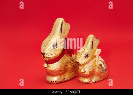 Due coniglietti pasquali Lindt Gold con le loro campane dorate su sfondo rosso. Uno è il cioccolato al latte e l'altro è il cioccolato bianco. Foto Stock