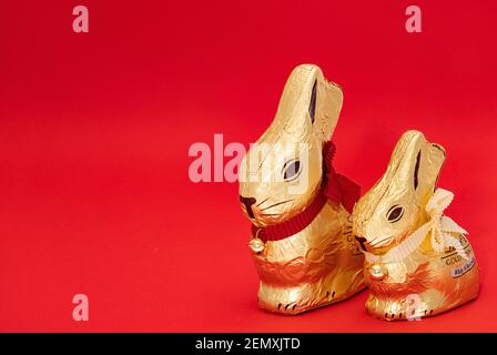 Due coniglietti pasquali Lindt Gold con le loro campane dorate su sfondo rosso. Uno è il cioccolato al latte e l'altro è il cioccolato bianco. Foto Stock