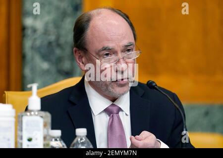 Grandi aziende redditizie. 25 Feb 2021. Il presidente del Forum di azione americano Douglas Holtz-Eakin parla durante un'audizione del Comitato di bilancio del Senato su Capitol Hill a Washington, giovedì 25 febbraio 2021, esaminando i salari di grandi società redditizie. Credit: Susan Walsh /Pool via CNP | usage worldwide Credit: dpa/Alamy Live News Foto Stock