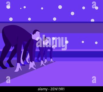 Gruppo di persone di affari focalizzato manager e imprenditori uomo, donna in piedi pronto per correre sprint gara su pista start line in attesa di avviamento Illustrazione Vettoriale