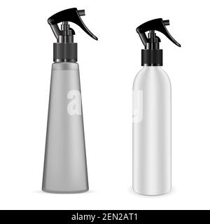 Pulsante flacone spray. Pompa a grilletto per matracci cosmetici, contenitore vettoriale 3d, spray a pistola per essenze pilife. Deodorante spray per bagno, illustrazione tubo. Illustrazione Vettoriale