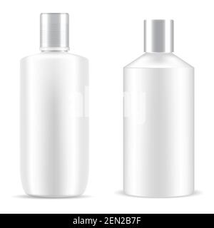 Bottiglia shampoo cosmetic. Confezione bianca in plastica mockup. Contenitore cilindrico prodotto cosmetico, gel bagno design tubolare realistico. Vettore contenitore di bellezza Illustrazione Vettoriale