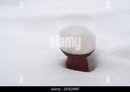 Un giardino di uccelli coperto di neve dopo una tempesta invernale a Santa Fe, New Mexico. Foto Stock
