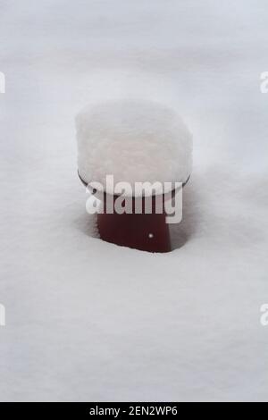 Un giardino di uccelli coperto di neve dopo una tempesta invernale a Santa Fe, New Mexico. Foto Stock