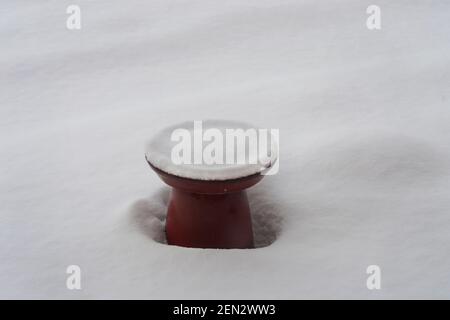 Un giardino di uccelli coperto di neve dopo una tempesta invernale a Santa Fe, New Mexico. Foto Stock
