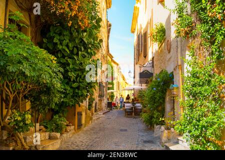 Una pittoresca strada secondaria nel villaggio medievale collinare di Saint-Paul de Vence nella regione Provenza Costa Azzurra della Francia meridionale. Foto Stock