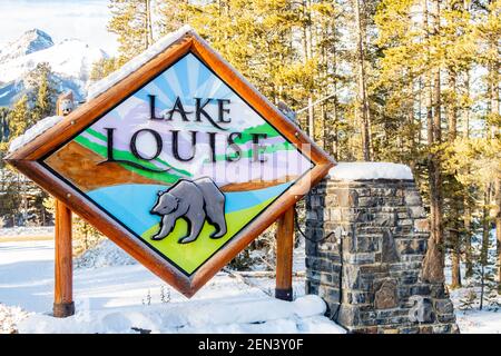 Cartello d'ingresso al lago Louise, Canada Foto Stock