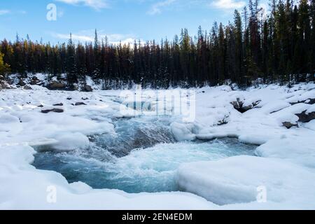 Splendida vista sulle cascate Sunwapta Lower Falls nel parco nazionale di Jasper, Canada Foto Stock
